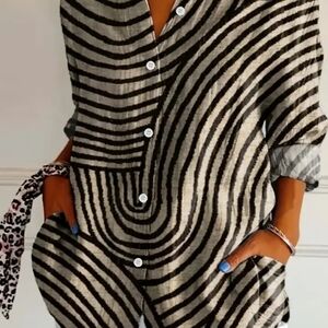Striped Button-Front Tunic Top in Black and Cream